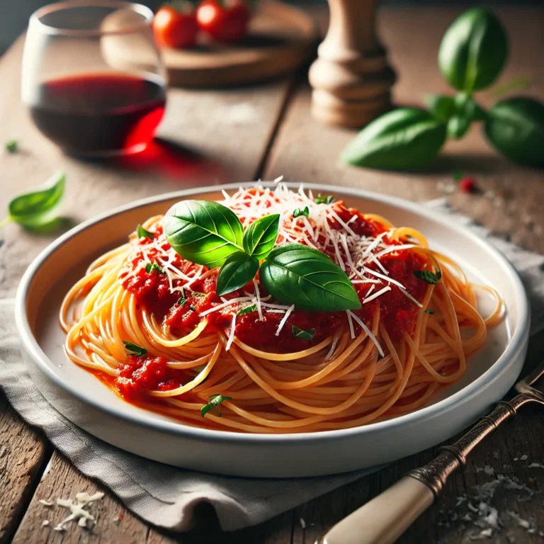 DALL·E 2024 10 11 23.19.15 A beautifully plated dish of classic spaghetti featuring long pasta strands tossed in a rich vibrant red tomato sauce topped with fresh basil leave