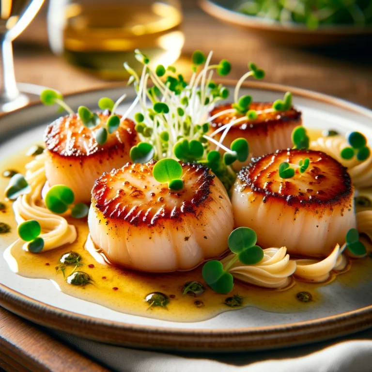 DALL·E 2024 10 11 23.20.49 A beautifully plated dish of seared scallops golden brown on the outside and tender on the inside. The scallops are arranged on a white plate with a